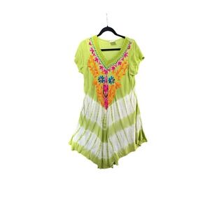 Exist Boho Tie Dye Dress Embroidered Green Floral Hippie Festival Tunic One Size